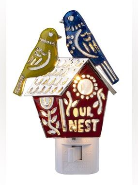 Birdhouse Night Light with Two Colorful Birds - Red, Blue, Green